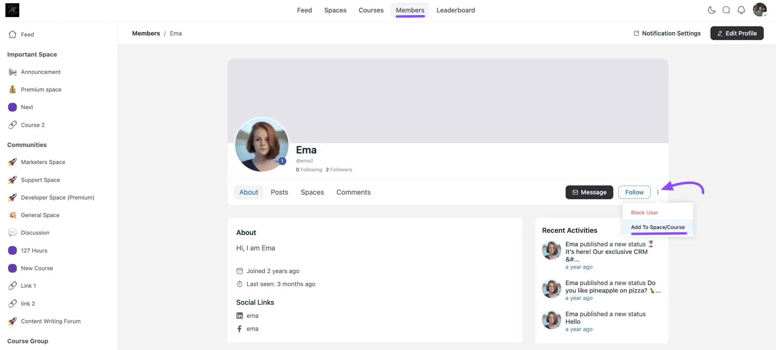 The Spaces & Courses tab on a user profile with the Add to Space / Course button