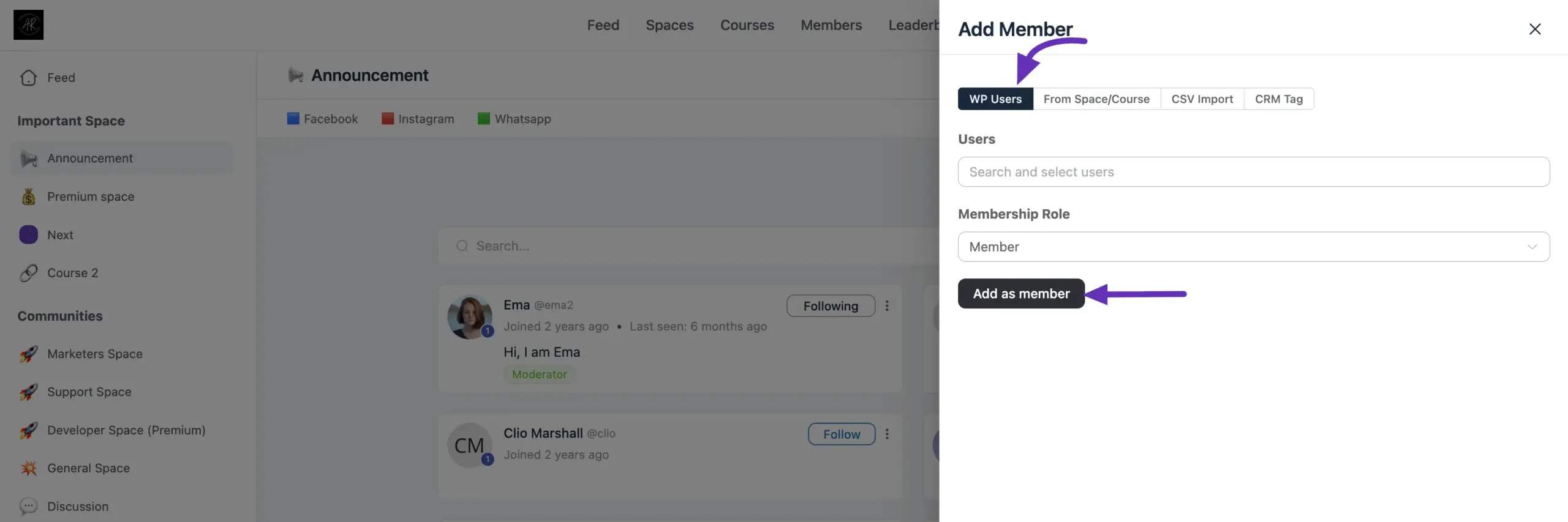 Adding an existing WordPress user to a Space