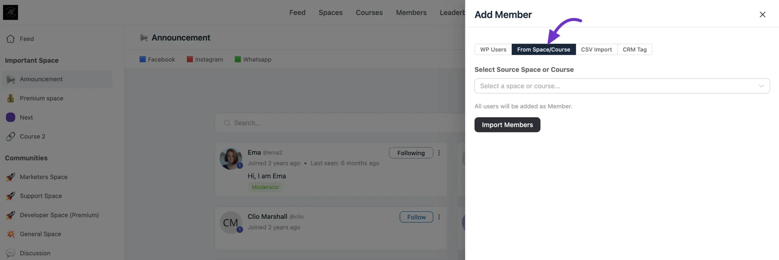 Bulk importing members from another Space or Course