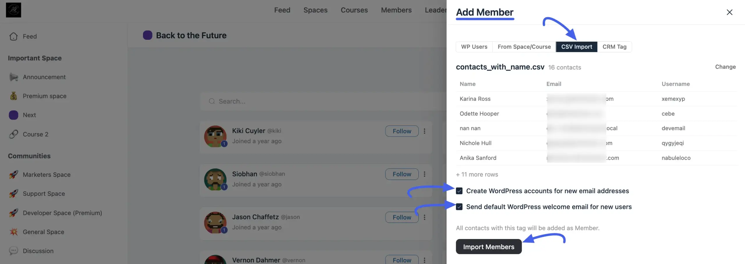 Importing members from a CSV file