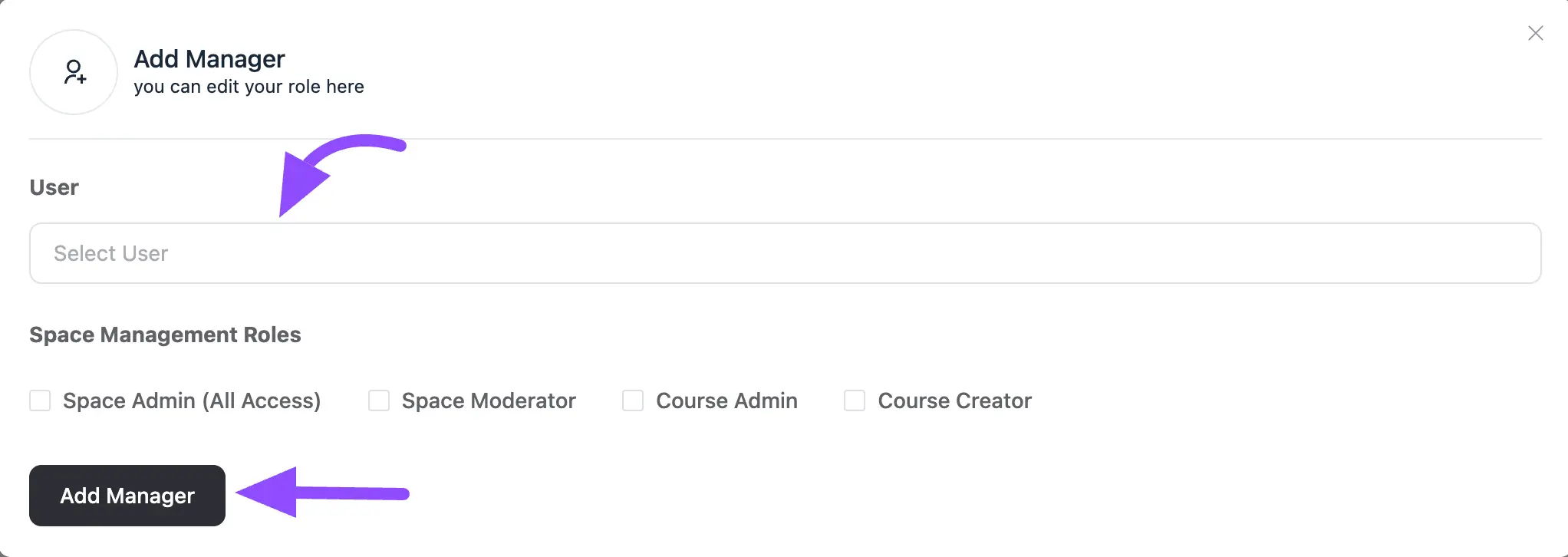 The Add Manager popup with user and role selection