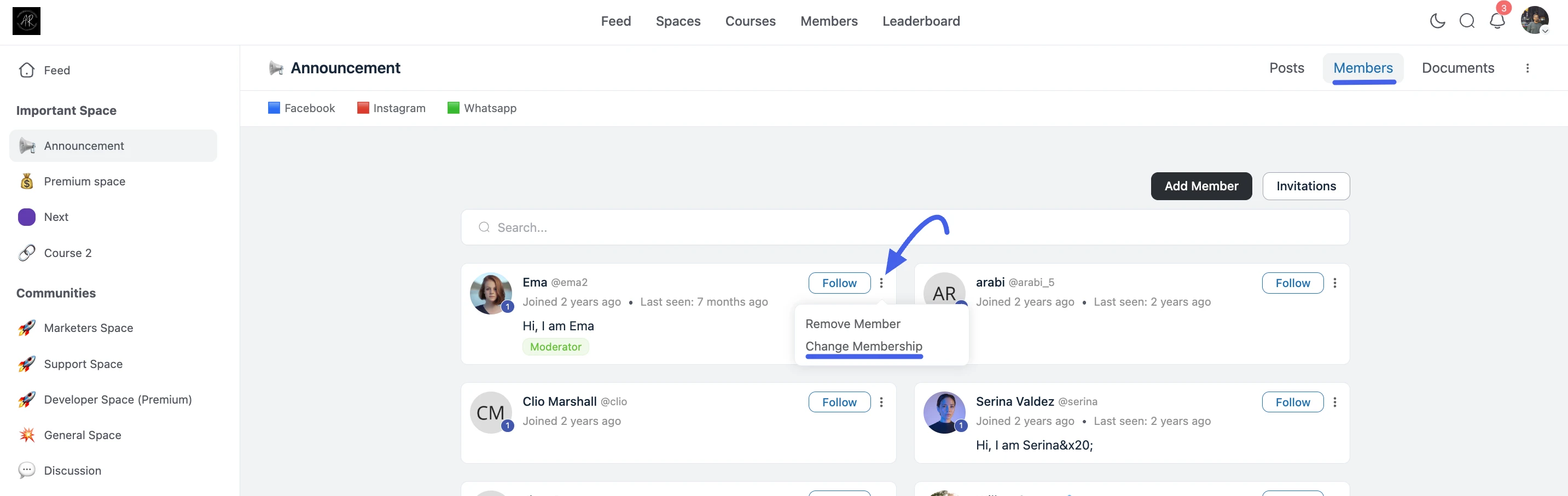 Change Membership option in the member menu