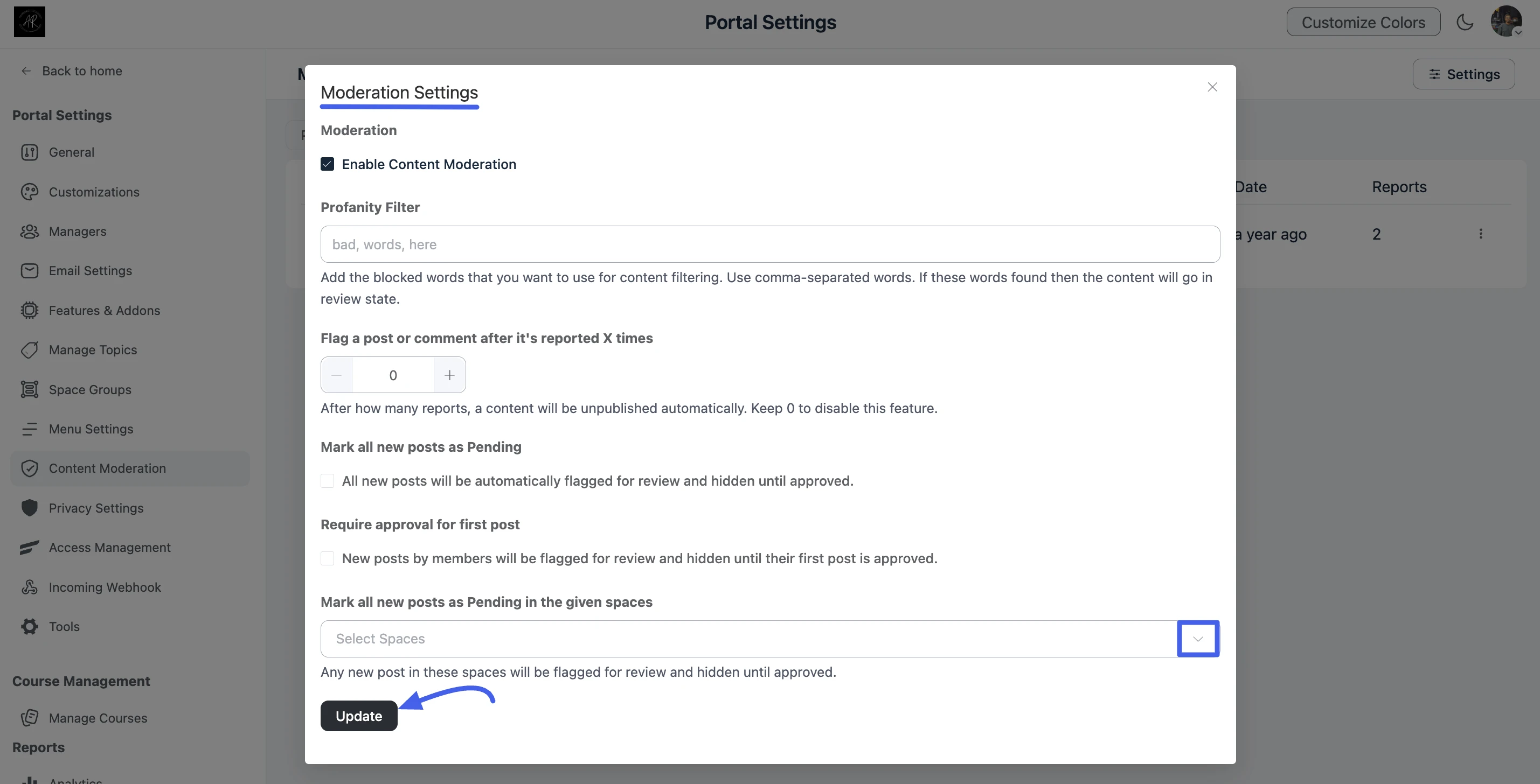 Moderation Settings modal
