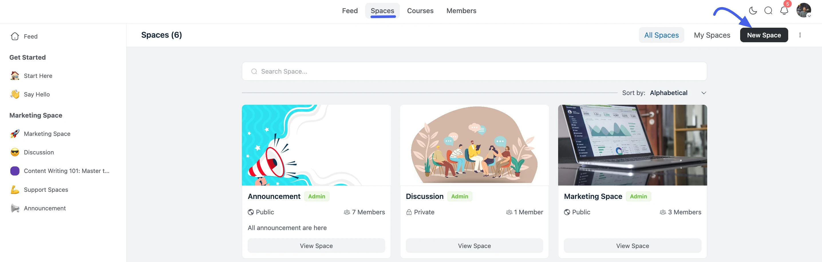The "All Spaces" page with the "New Space" button highlighted