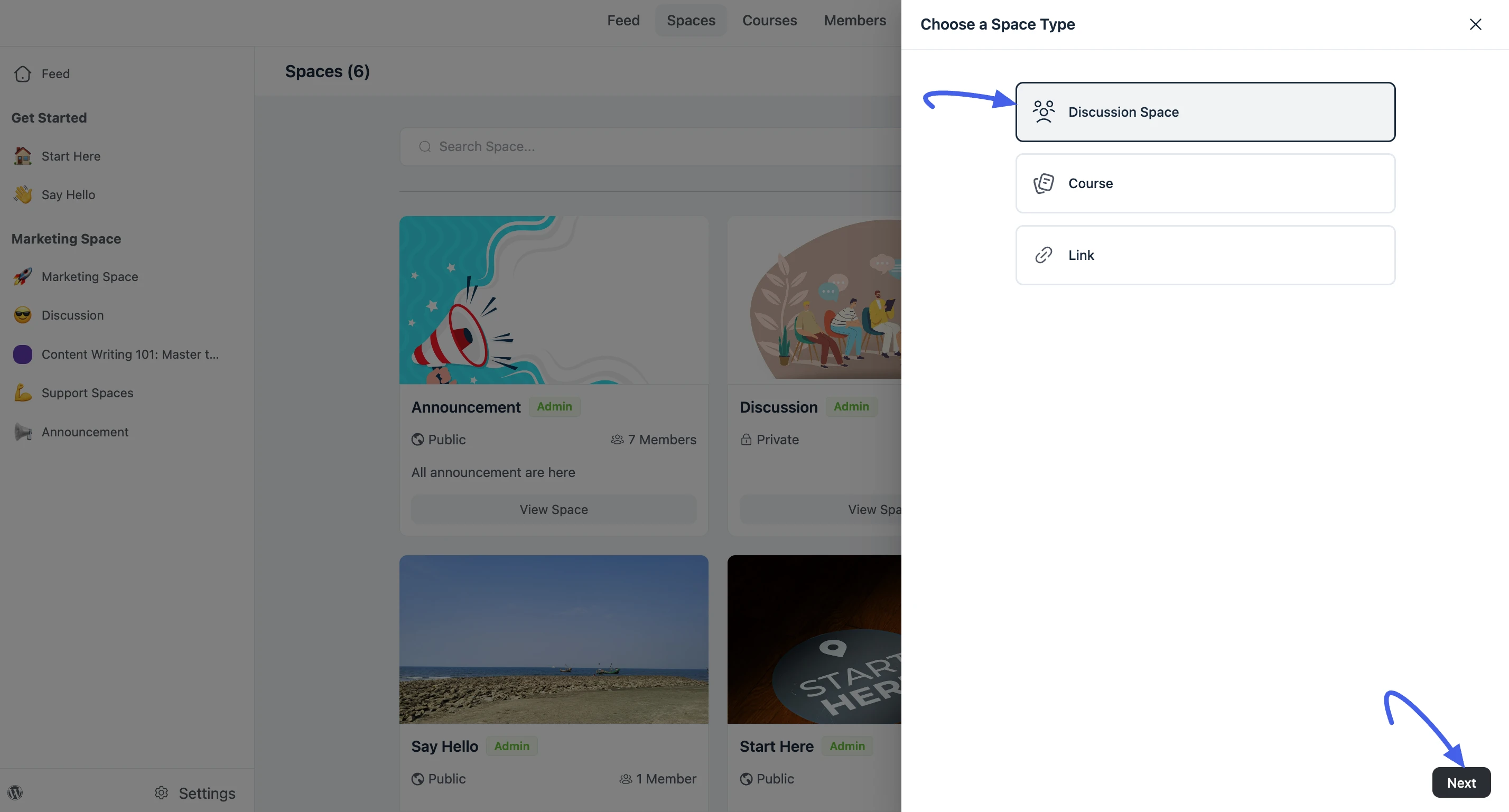 "Choose a Space Type" modal