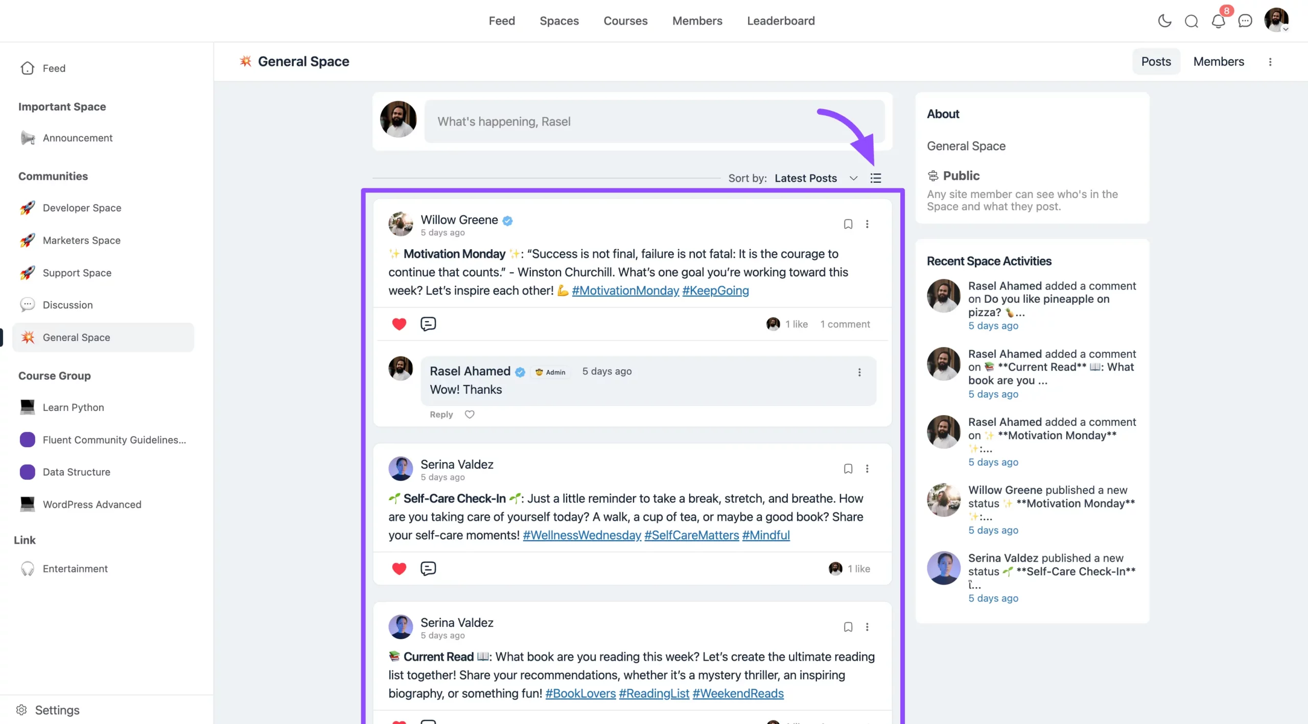 Timeline View layout of the activity feed