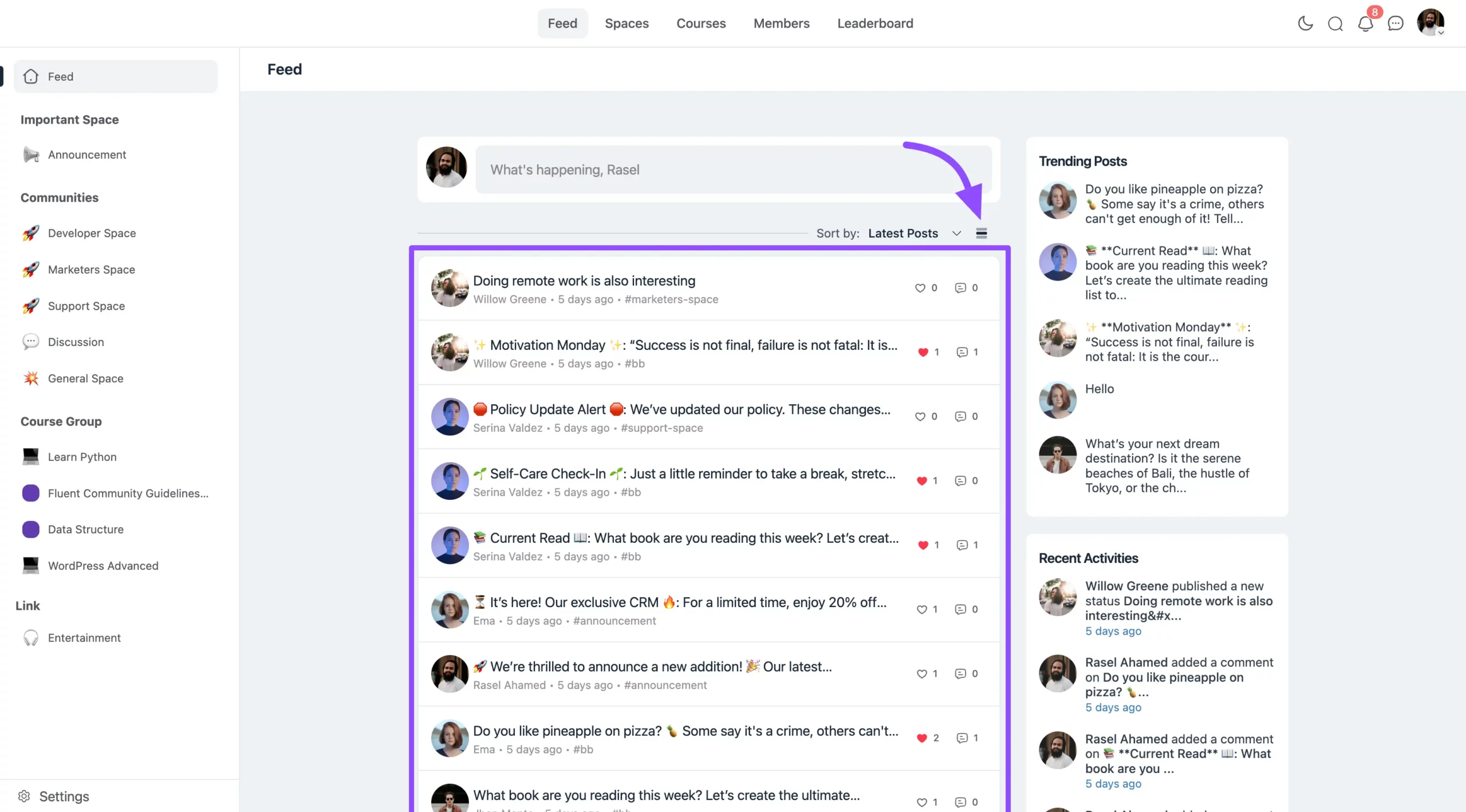 List View layout of the activity feed