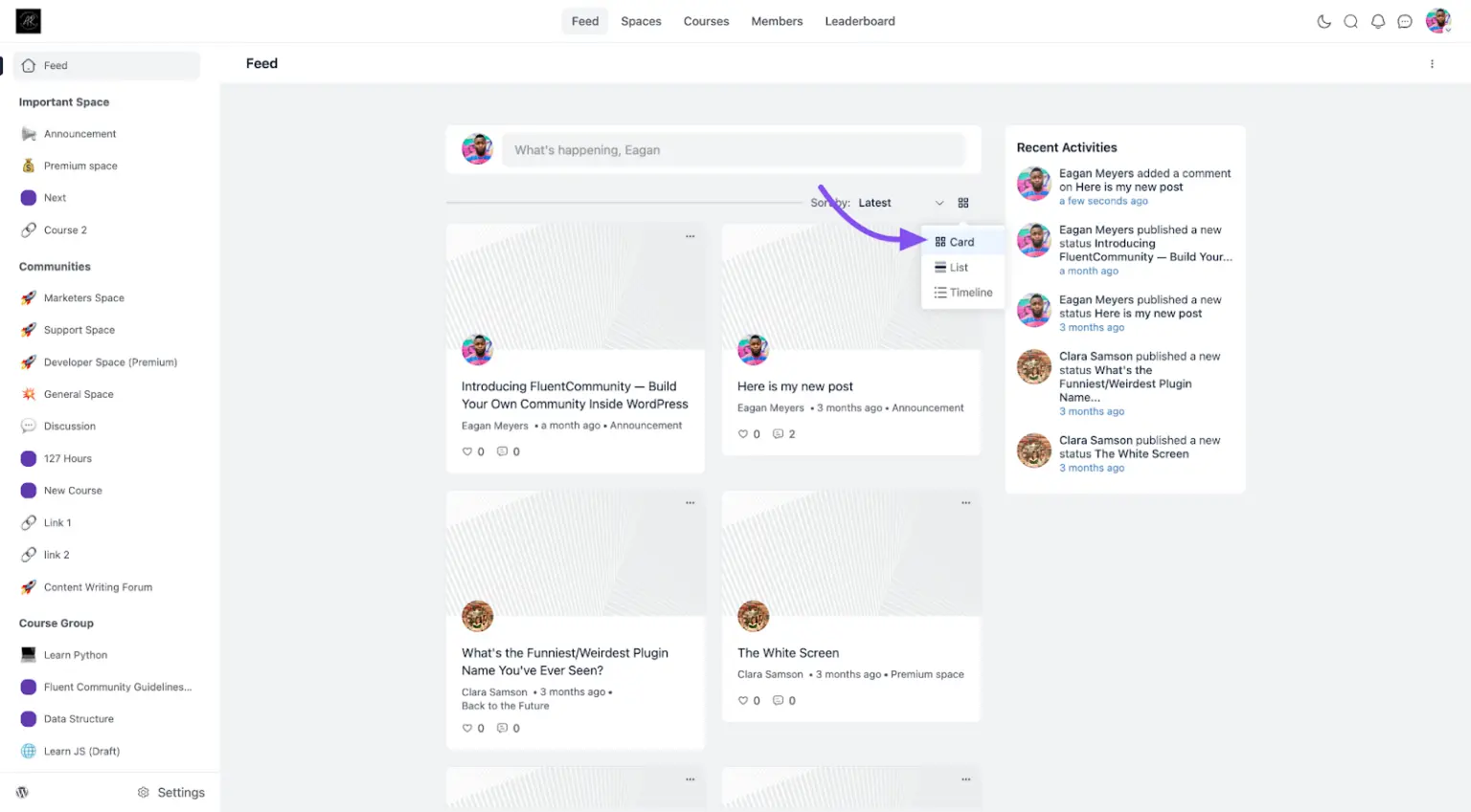 Card View layout of the activity feed