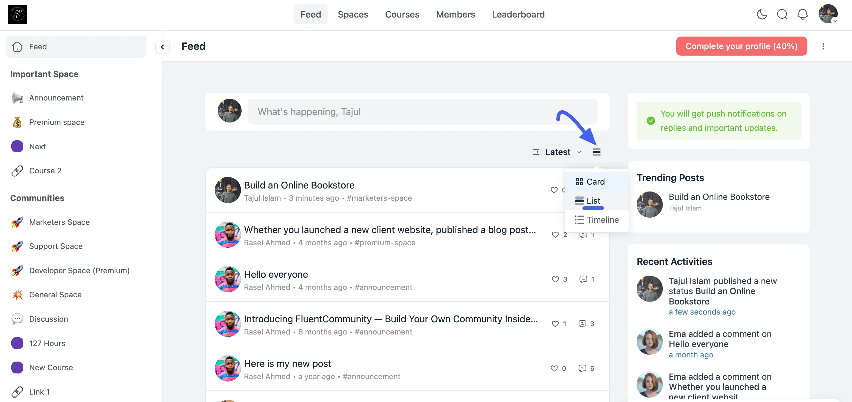 List View layout of the activity feed