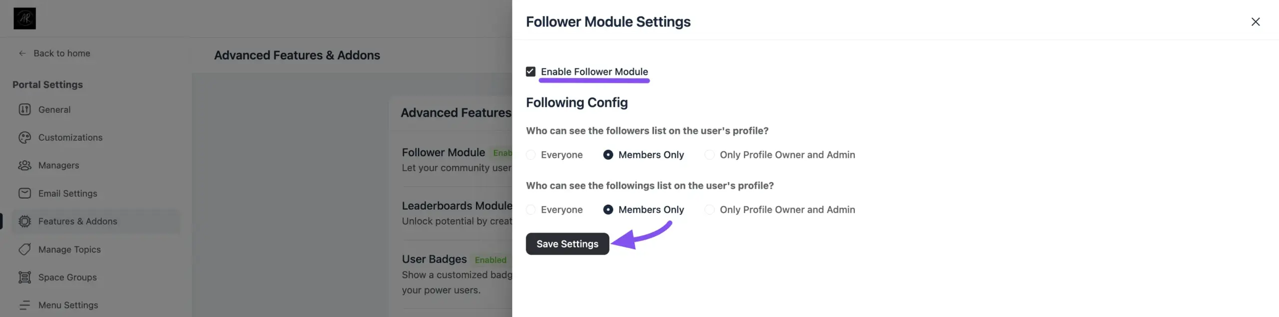 The Follower Module Settings window with privacy options