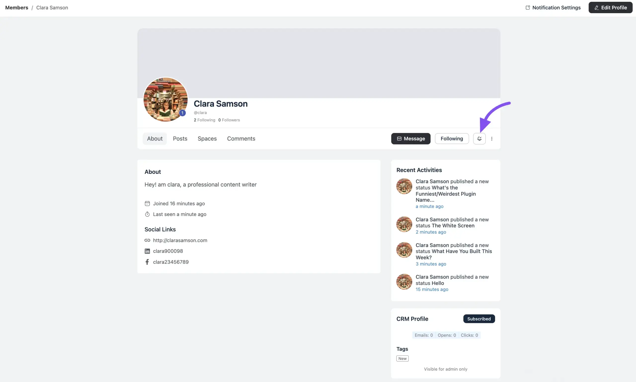The Follow button on a member's profile