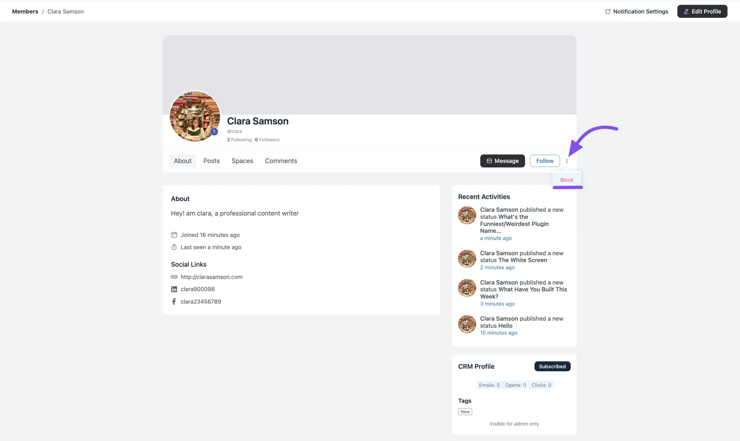 The three-dot menu with the Block option on a member profile
