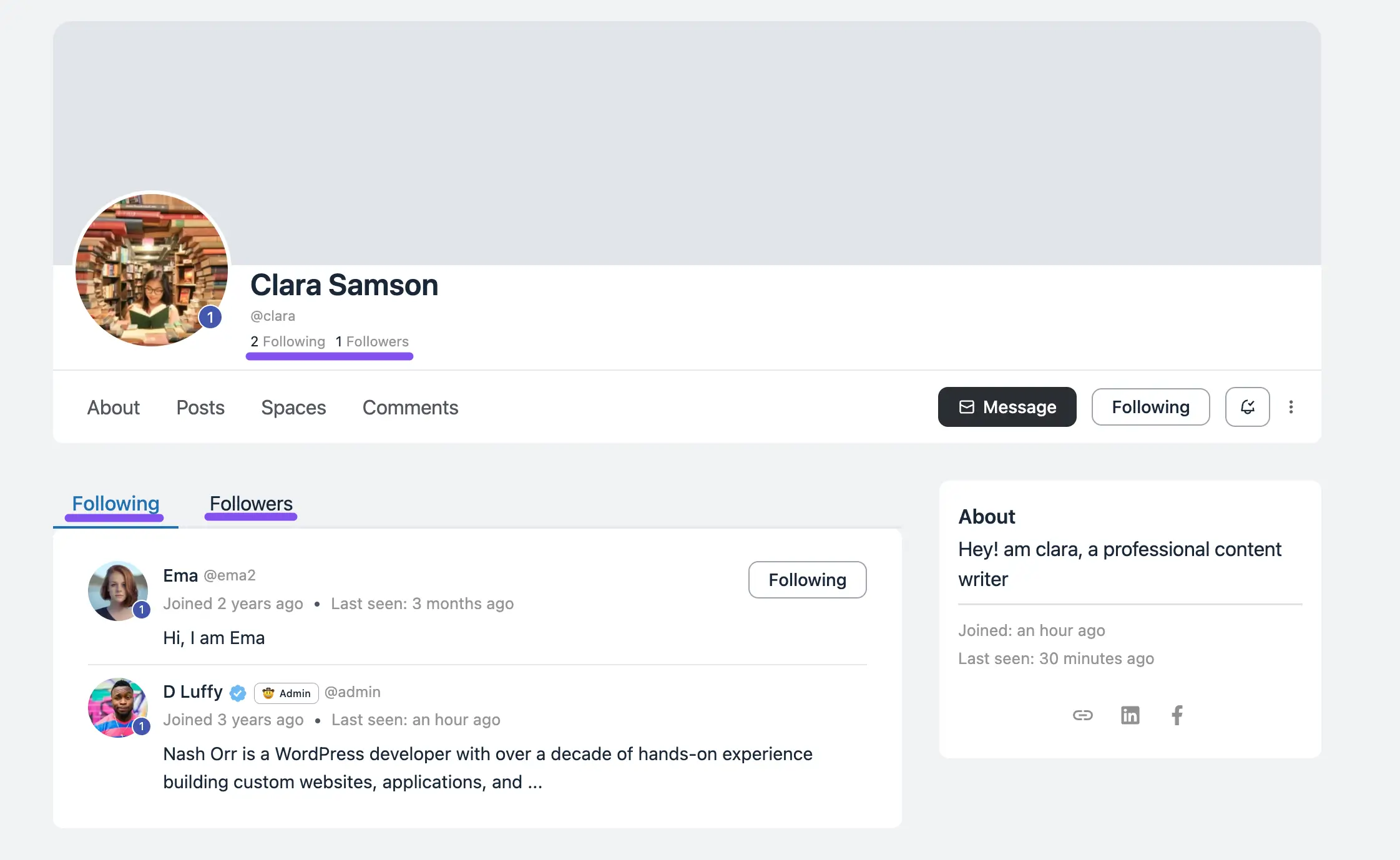 The Following and Followers tabs on a member profile