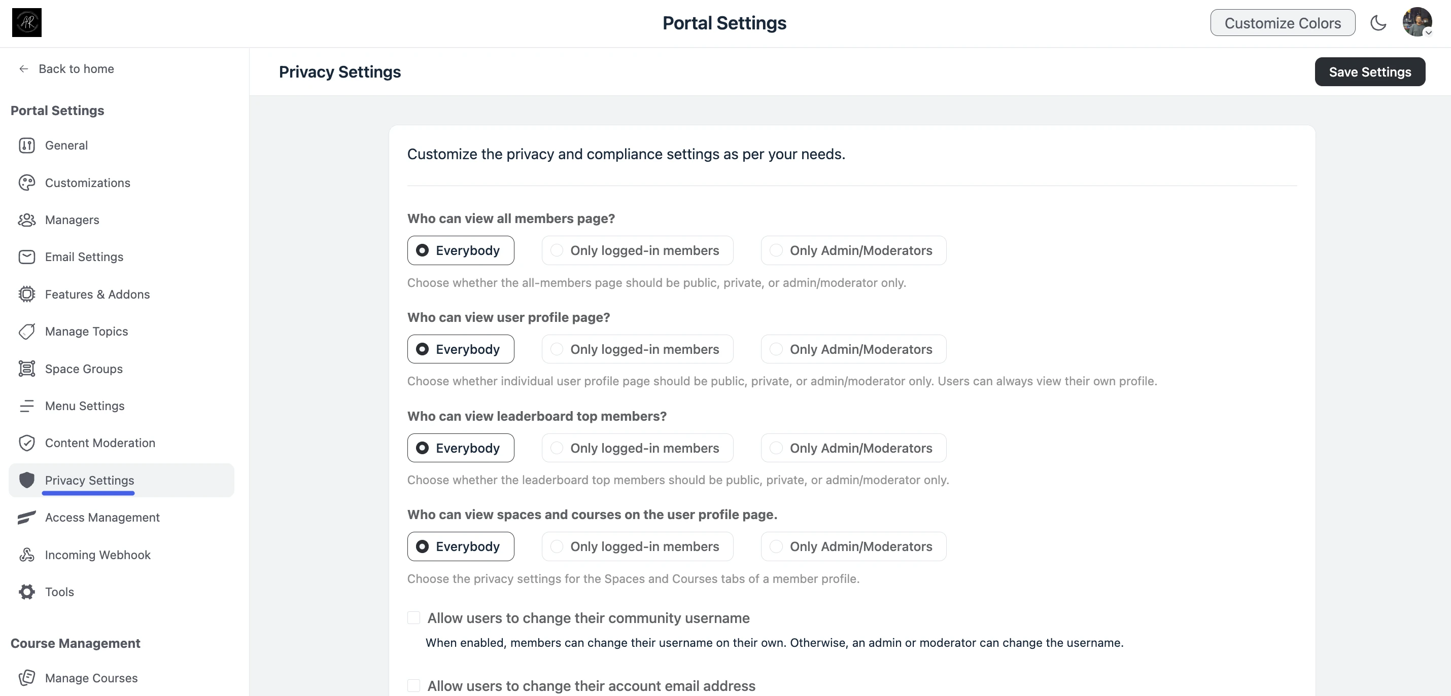 Privacy Settings in Portal Settings