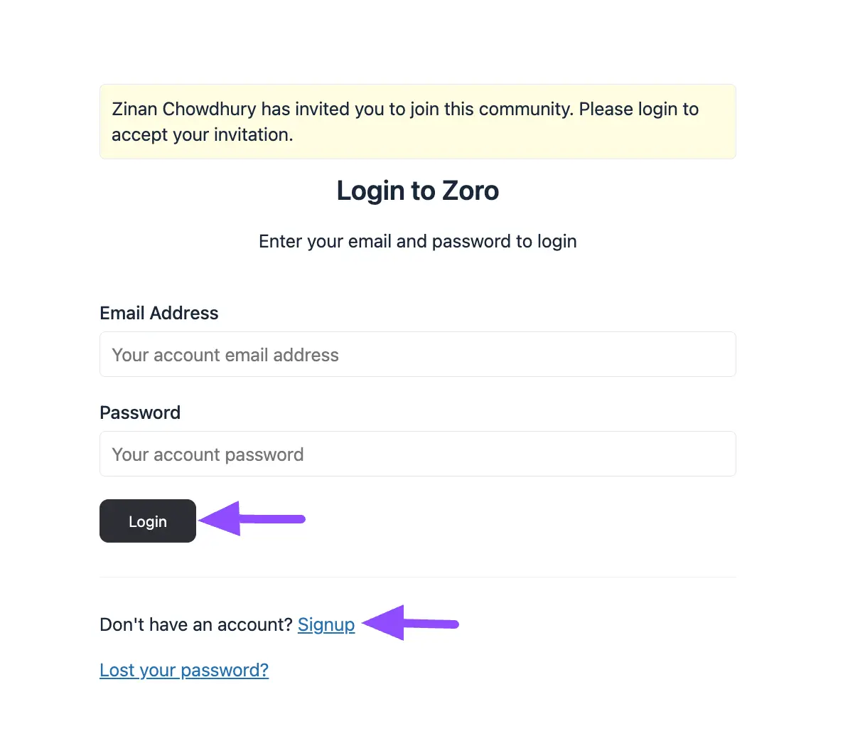 The Login or Signup form shown to new members