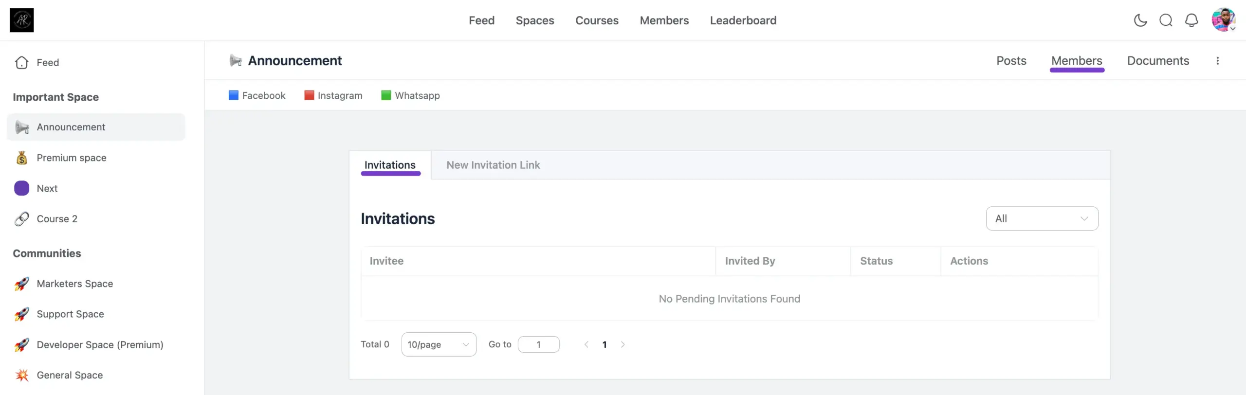 The Invitations dashboard showing invitation statuses