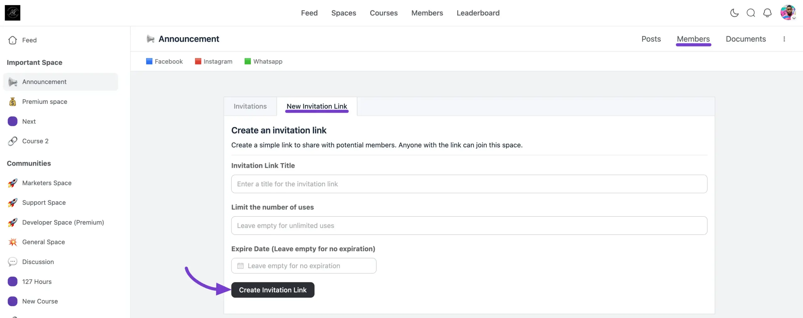 The New Invitation Link form