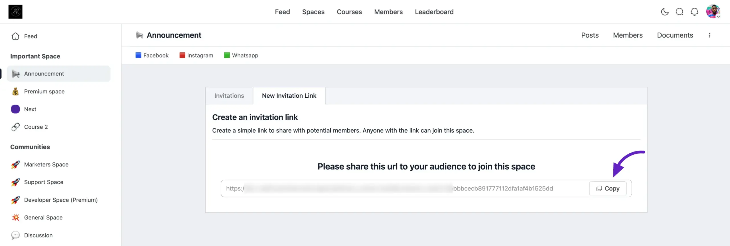 The created invitation link ready to copy and share