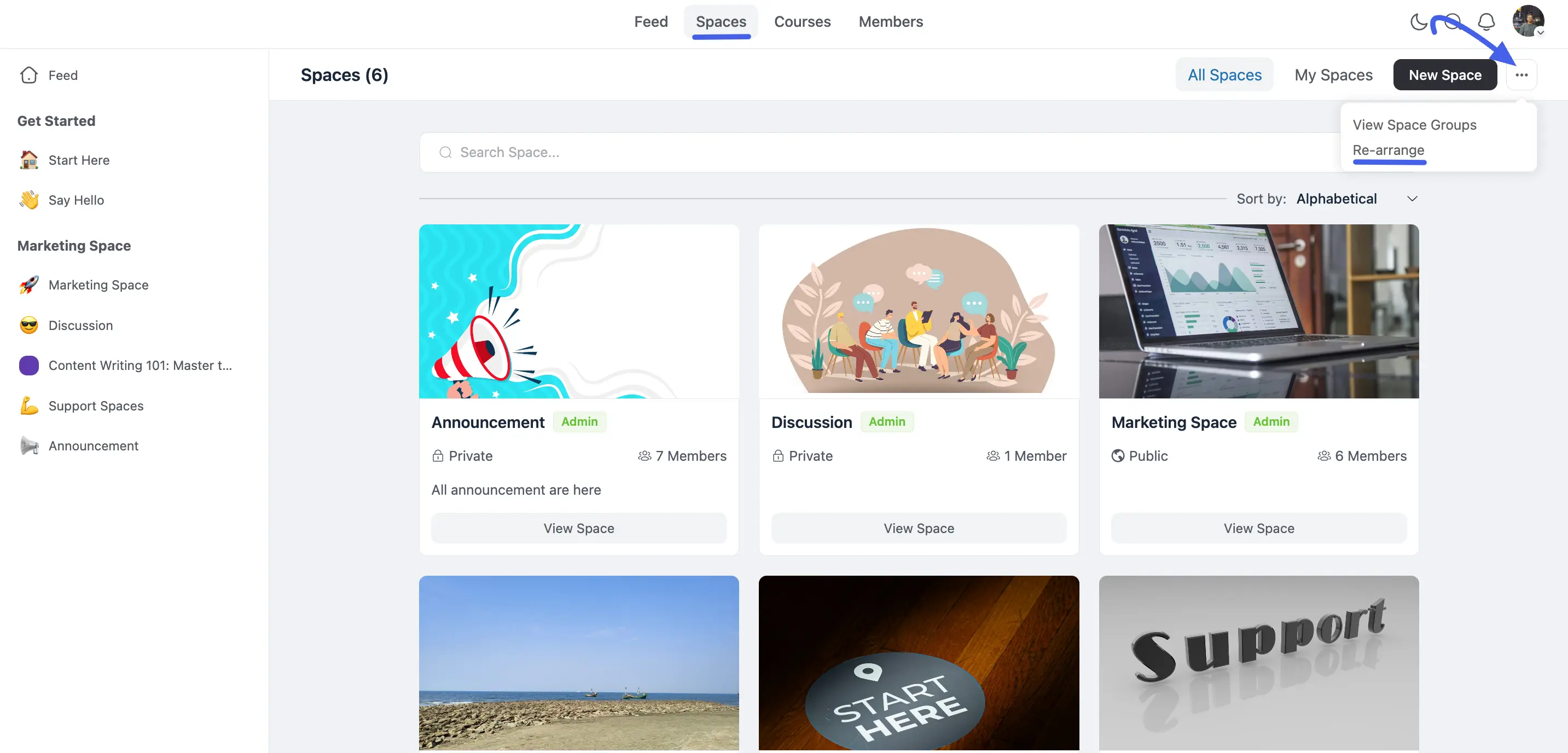 The Re-arrange option in the Spaces page menu