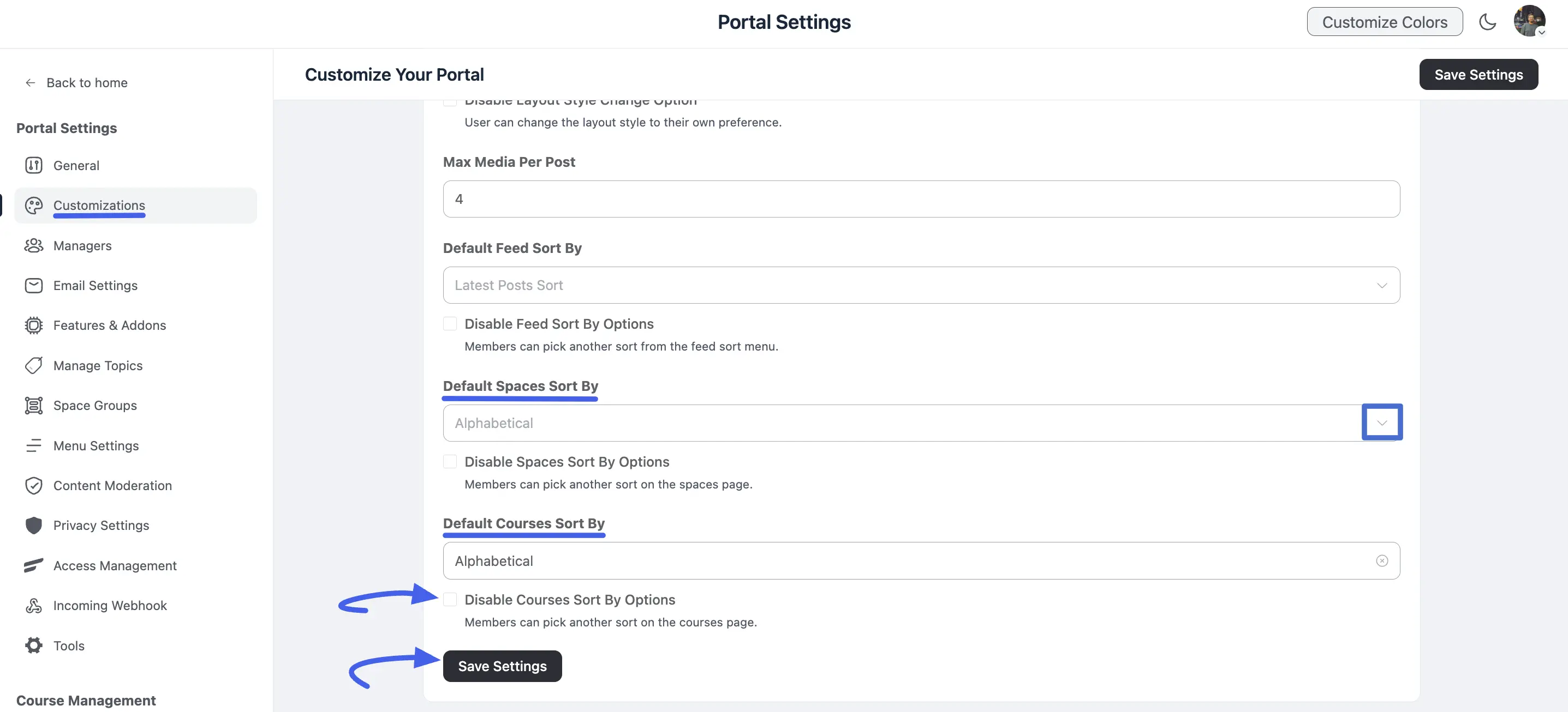 The default sort and sort dropdown settings for Spaces and Courses