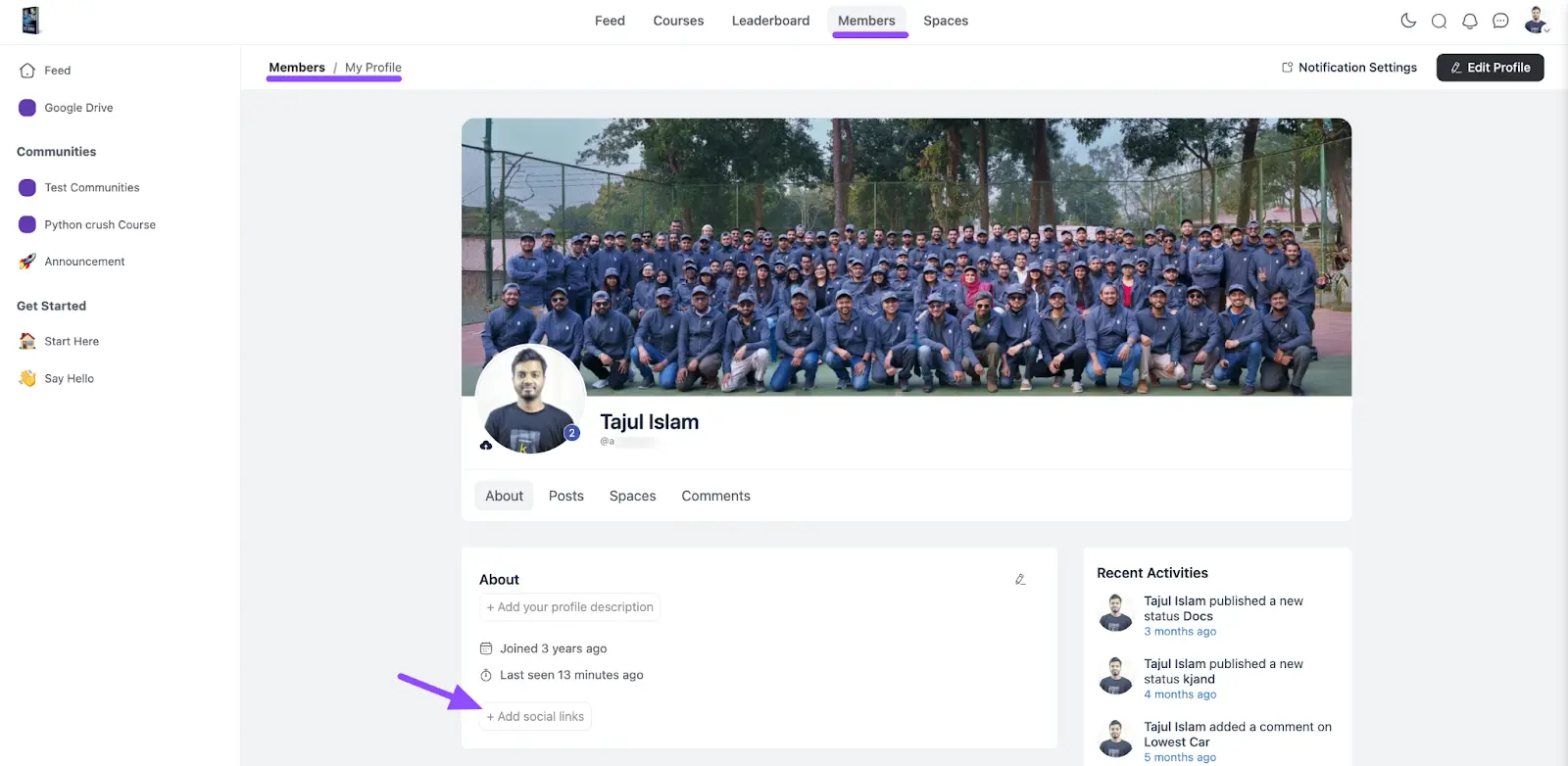 The Add Social Links button on a member profile