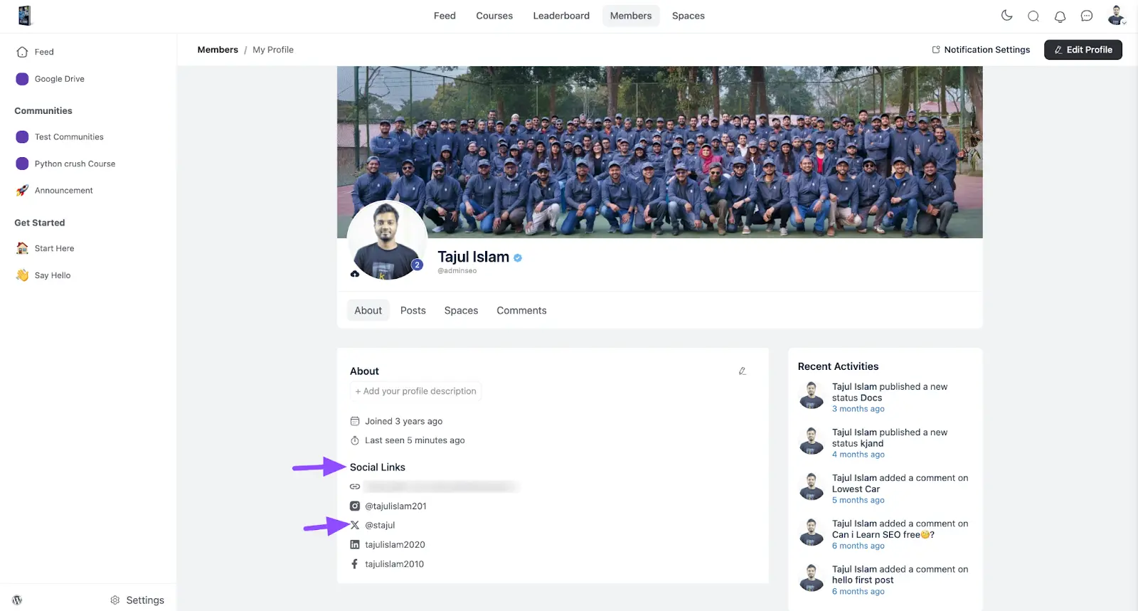 Editing existing social links from the profile About section