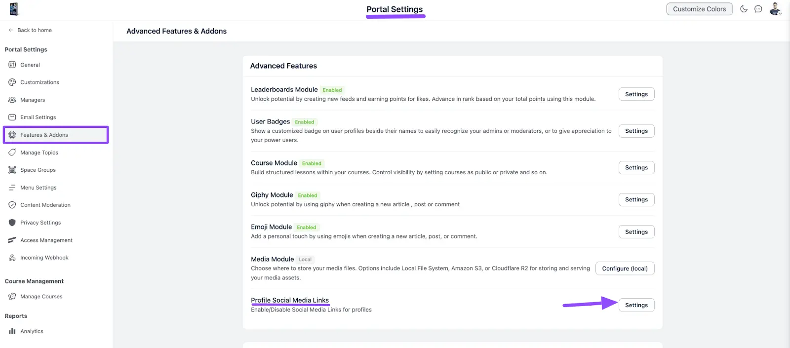 The Profile Social Media Links option under Features & Addons