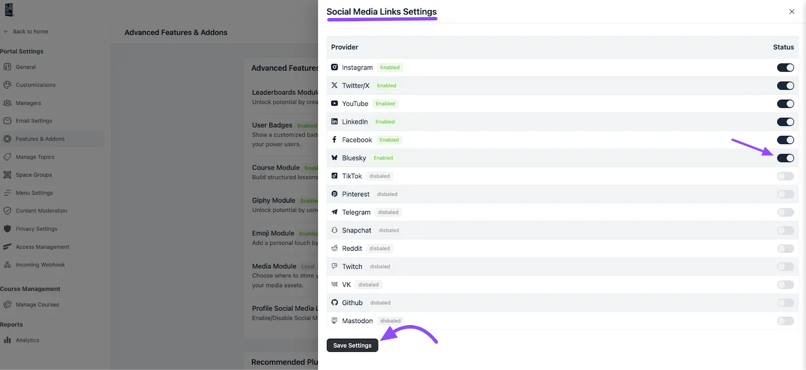 Toggling supported social media platforms on or off