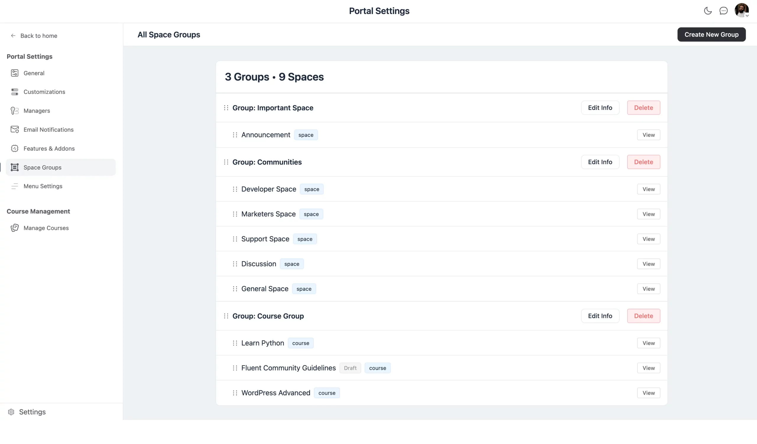 The Space Group section in Settings