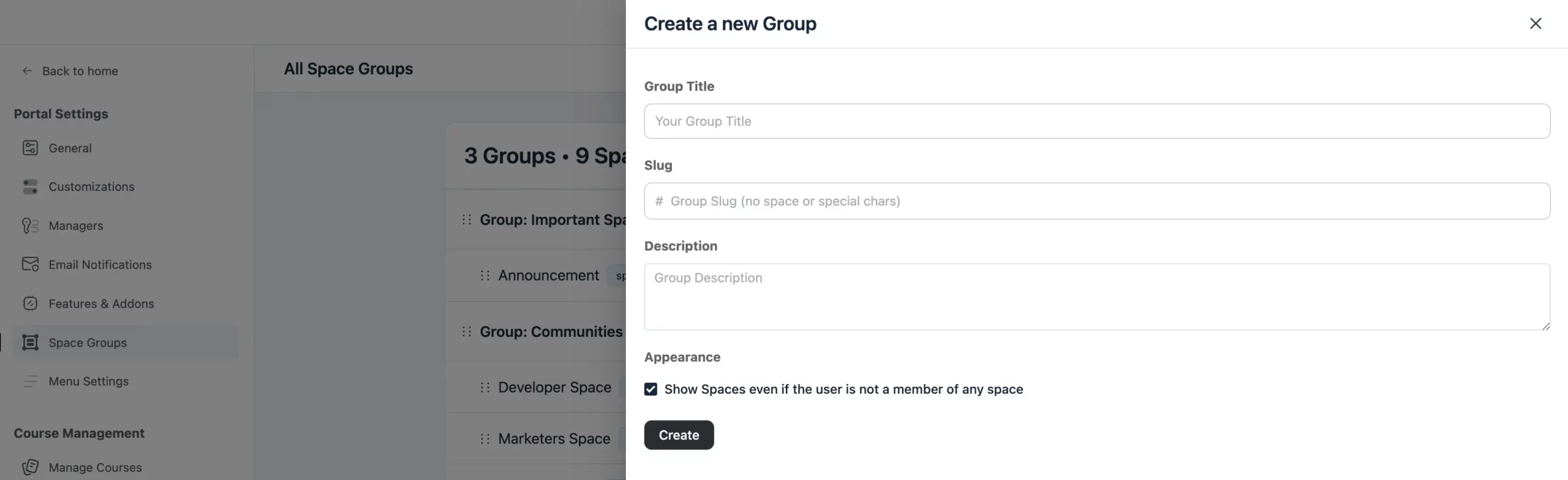 The Create New Group pop-up with title, slug, description, and visibility