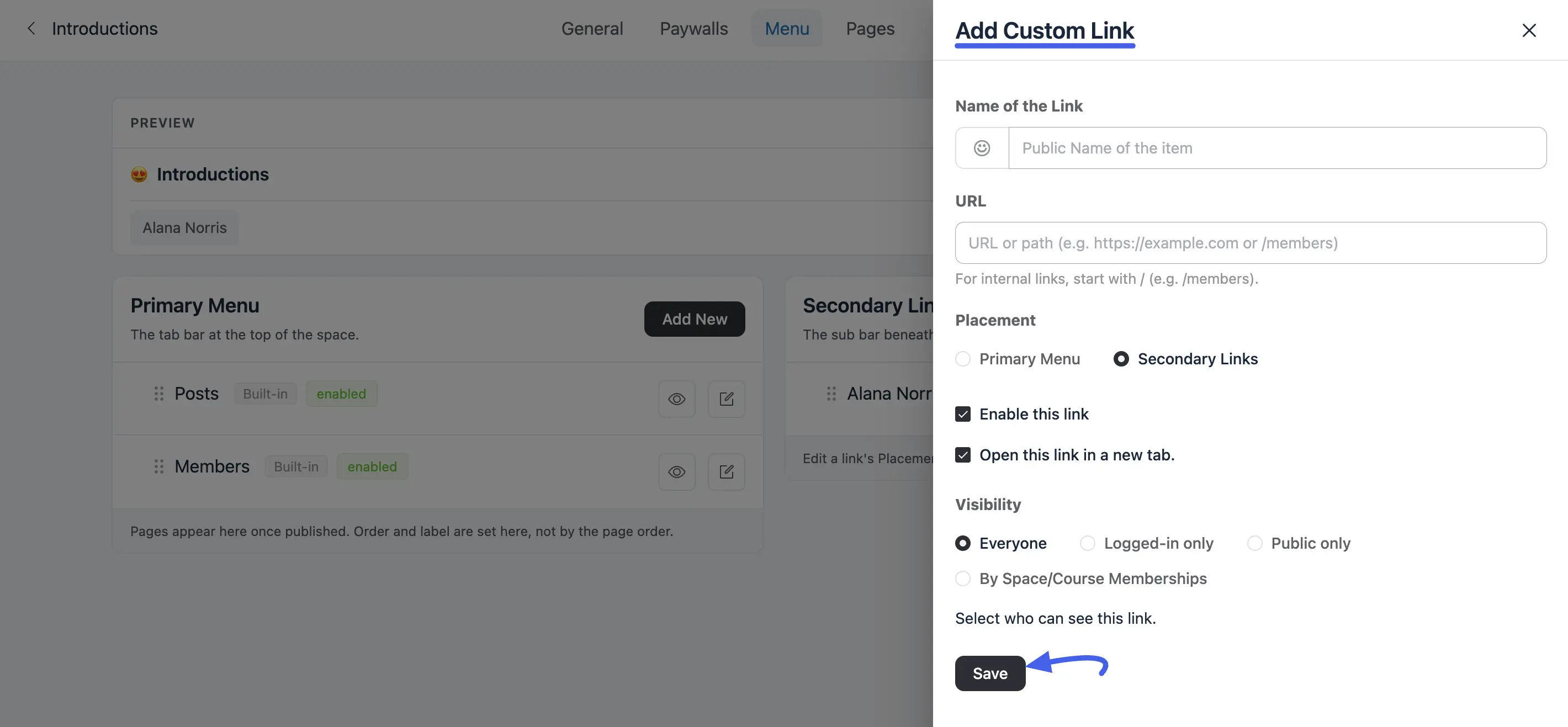 The Add Custom Link panel with Name, URL, Placement, Enable, Open in new tab and Visibility fields