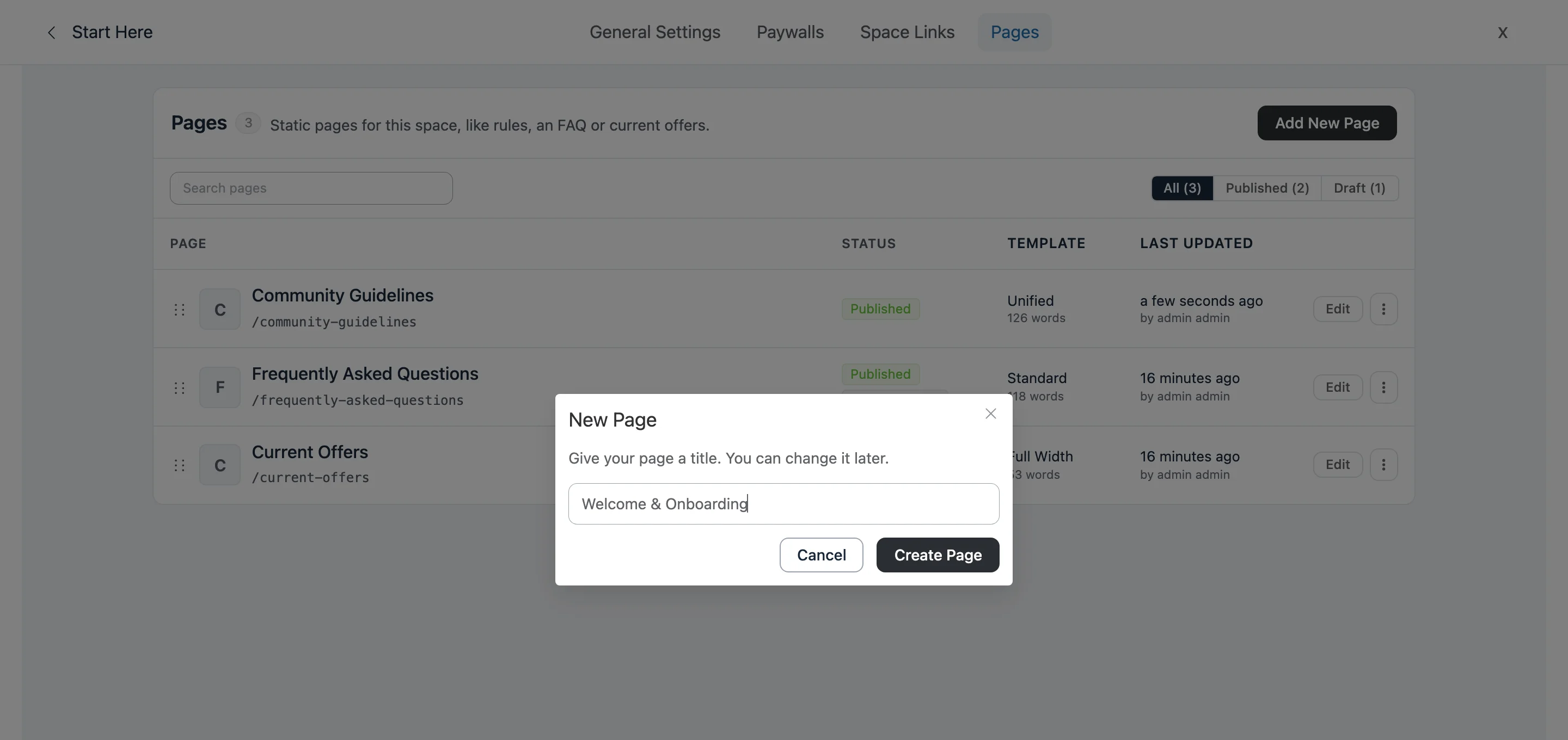 The New Page popup asking for a page title, with Cancel and Create Page buttons