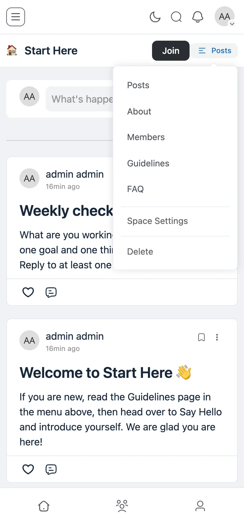 The Space menu on a phone, listing Posts, About, Members, Guidelines and FAQ