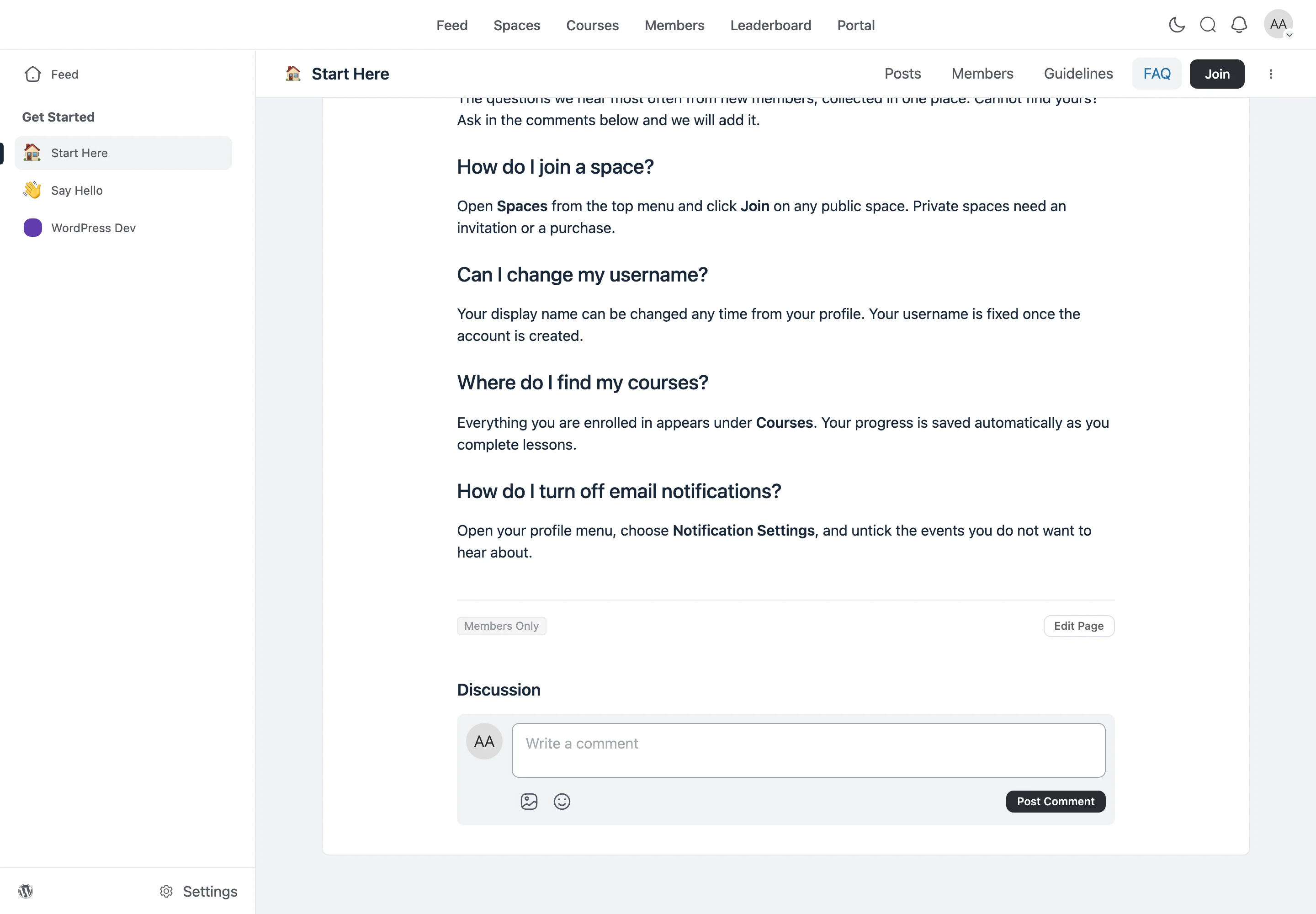The Frequently Asked Questions page with a Discussion section and comment box beneath the content