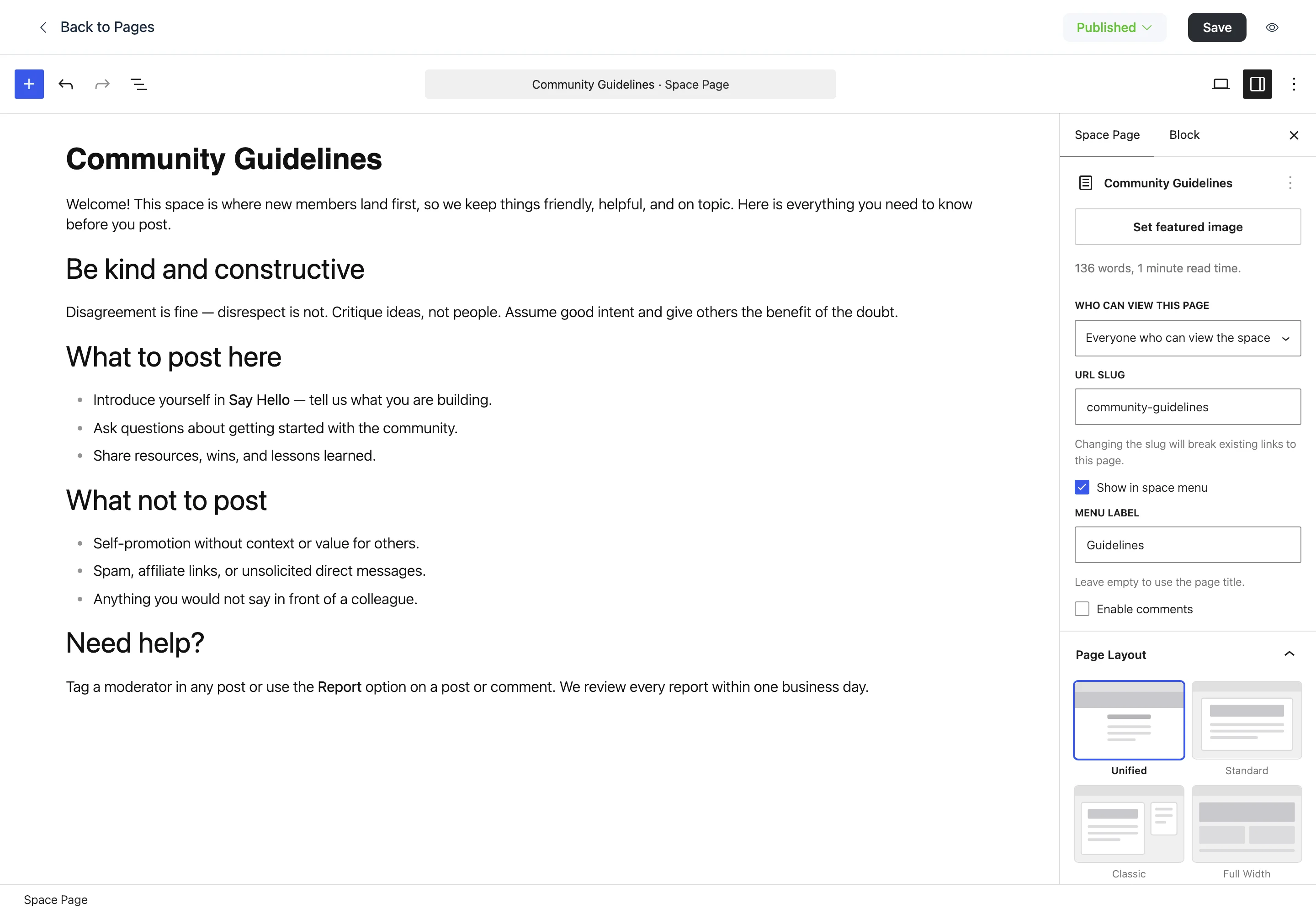 The page editor with Community Guidelines content on the left and the Space Page settings sidebar on the right