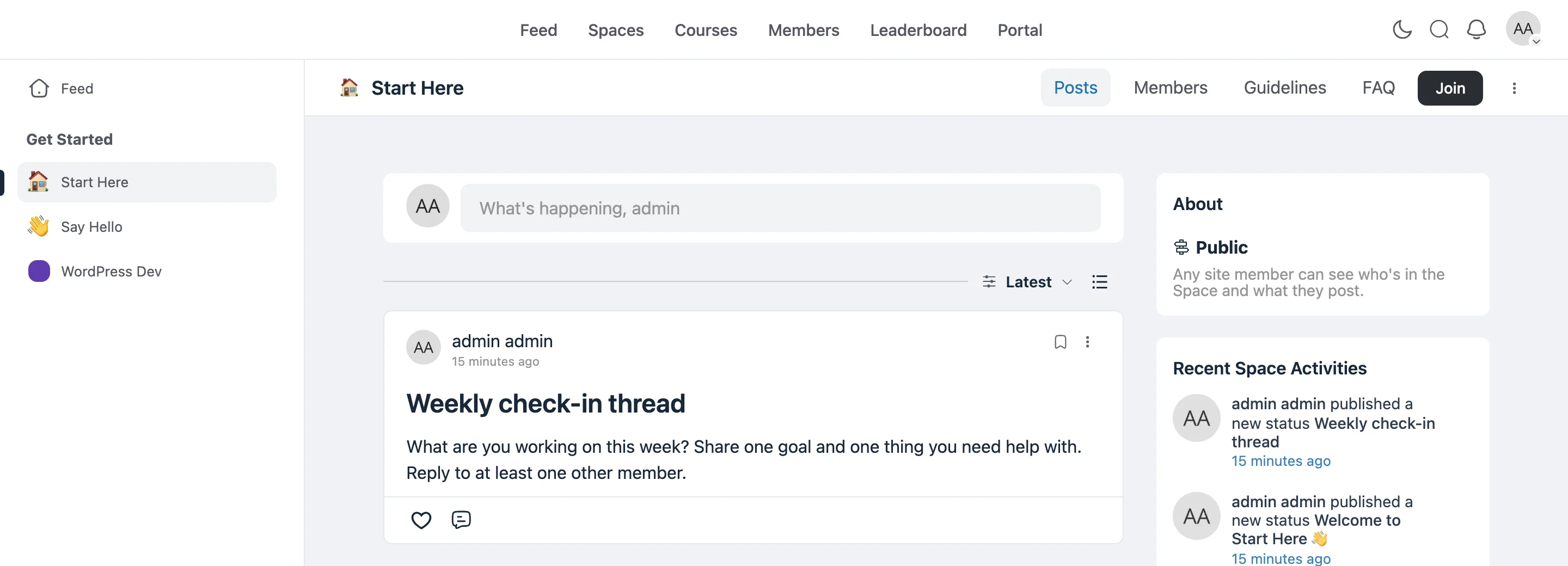 The Start Here Space header with Guidelines and FAQ page tabs next to Posts and Members