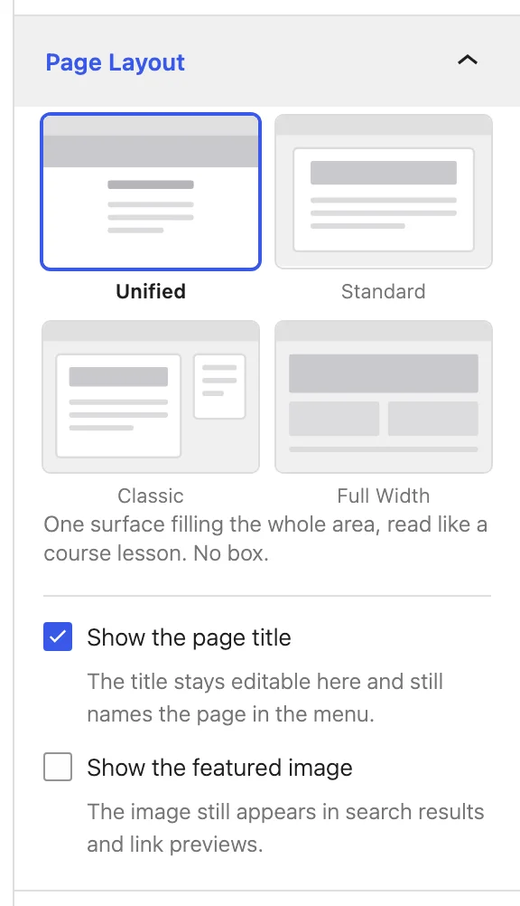The Page Layout panel with four template thumbnails and the Show the page title and Show the featured image toggles