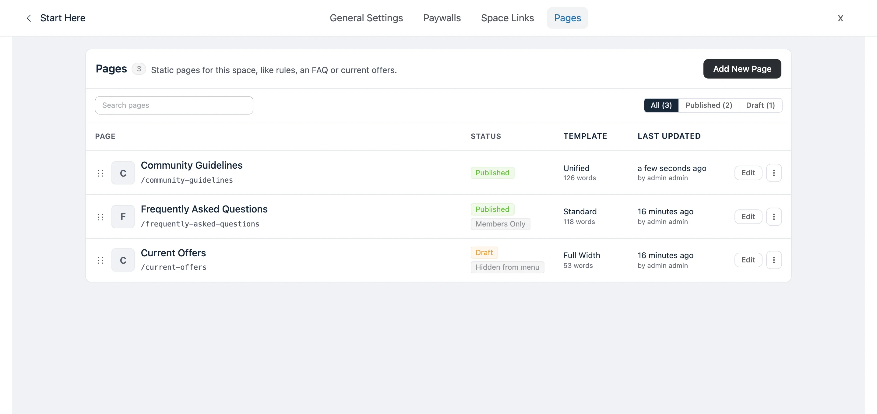 The Pages tab in Space Settings, listing three pages with their status, template and last-updated columns