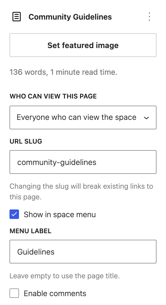 The Space Page sidebar with the visibility dropdown, URL slug, Show in space menu, Menu Label and Enable comments controls