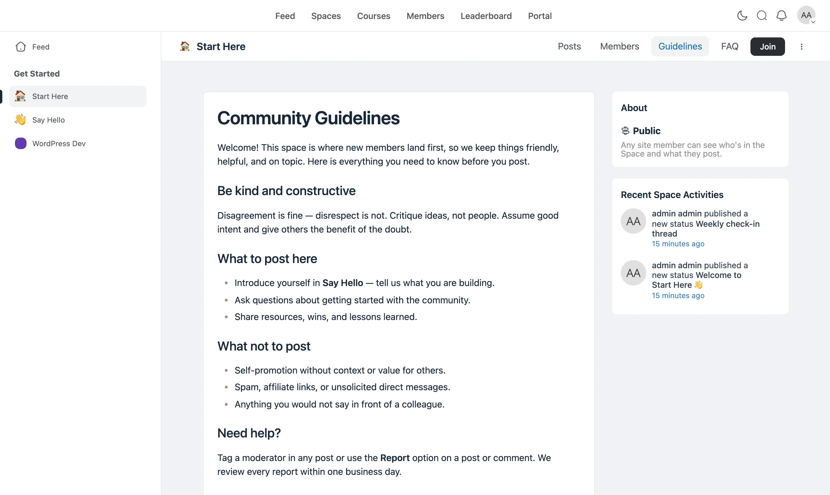 The Classic template — a post-width card with the Space's About sidebar on the right