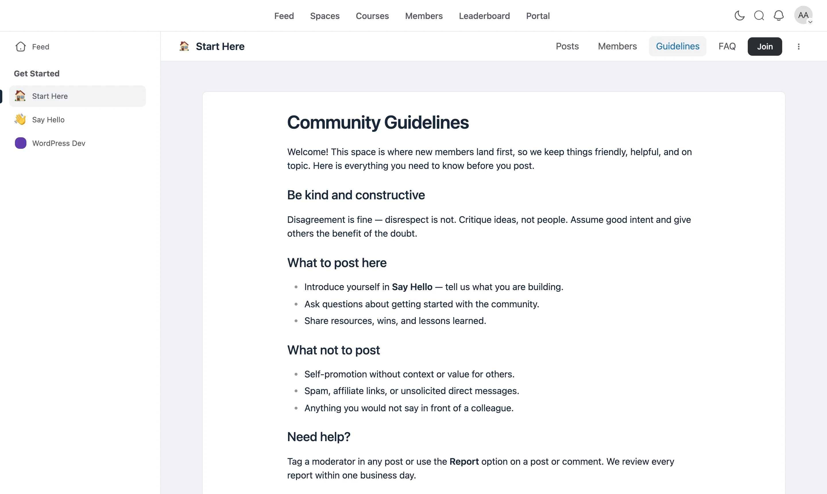 The Standard template — page content inside a full-width card