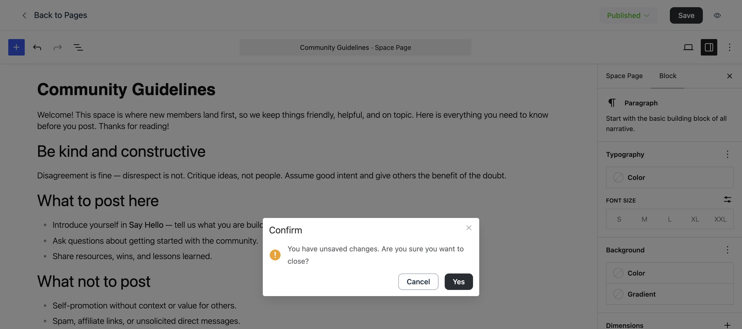 The unsaved-changes confirmation asking whether you are sure you want to close