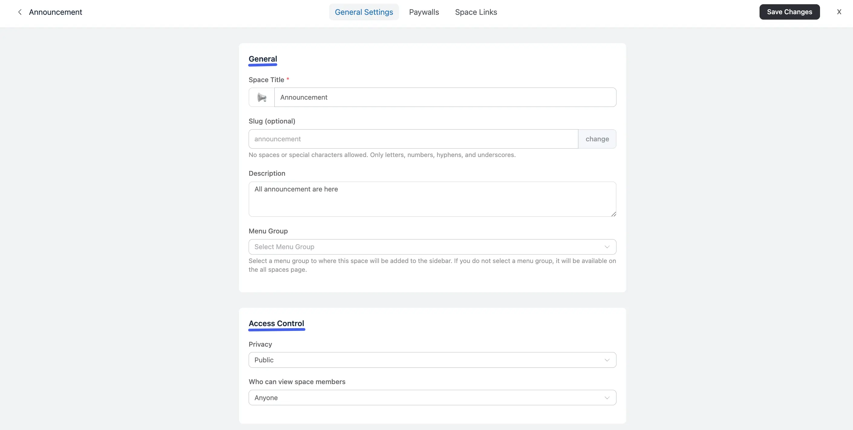 Space General Settings and Access Control