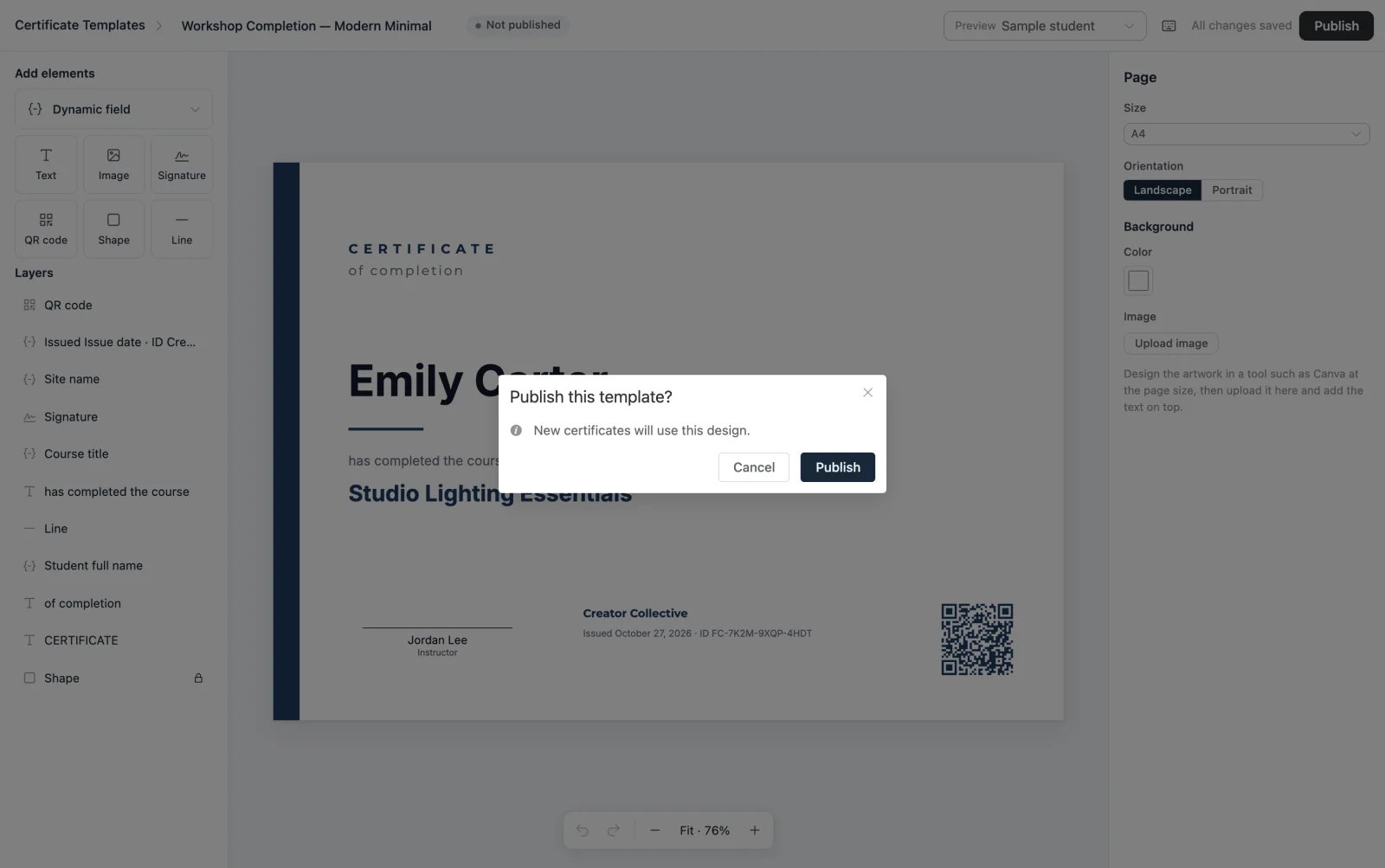 The Publish this template confirmation, explaining that new certificates will use this design