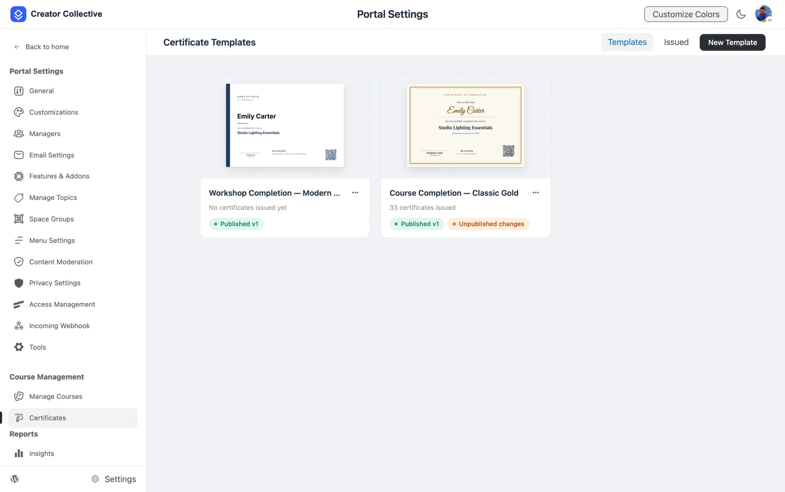 The Certificate Templates screen, showing template cards with a live preview, the issued count, and a published version badge