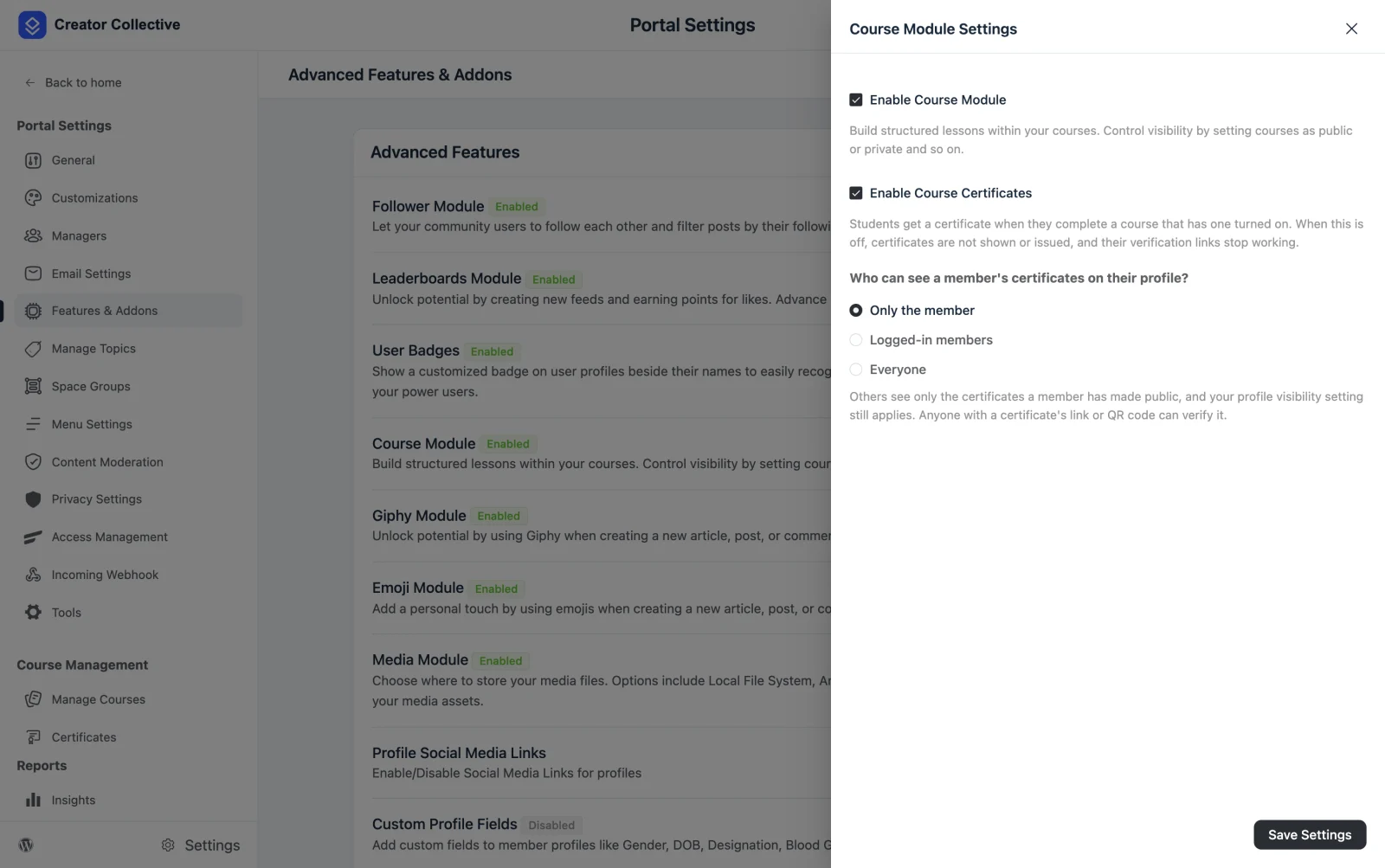 The Course Module Settings drawer, with Enable Course Certificates turned on and the profile visibility options below it