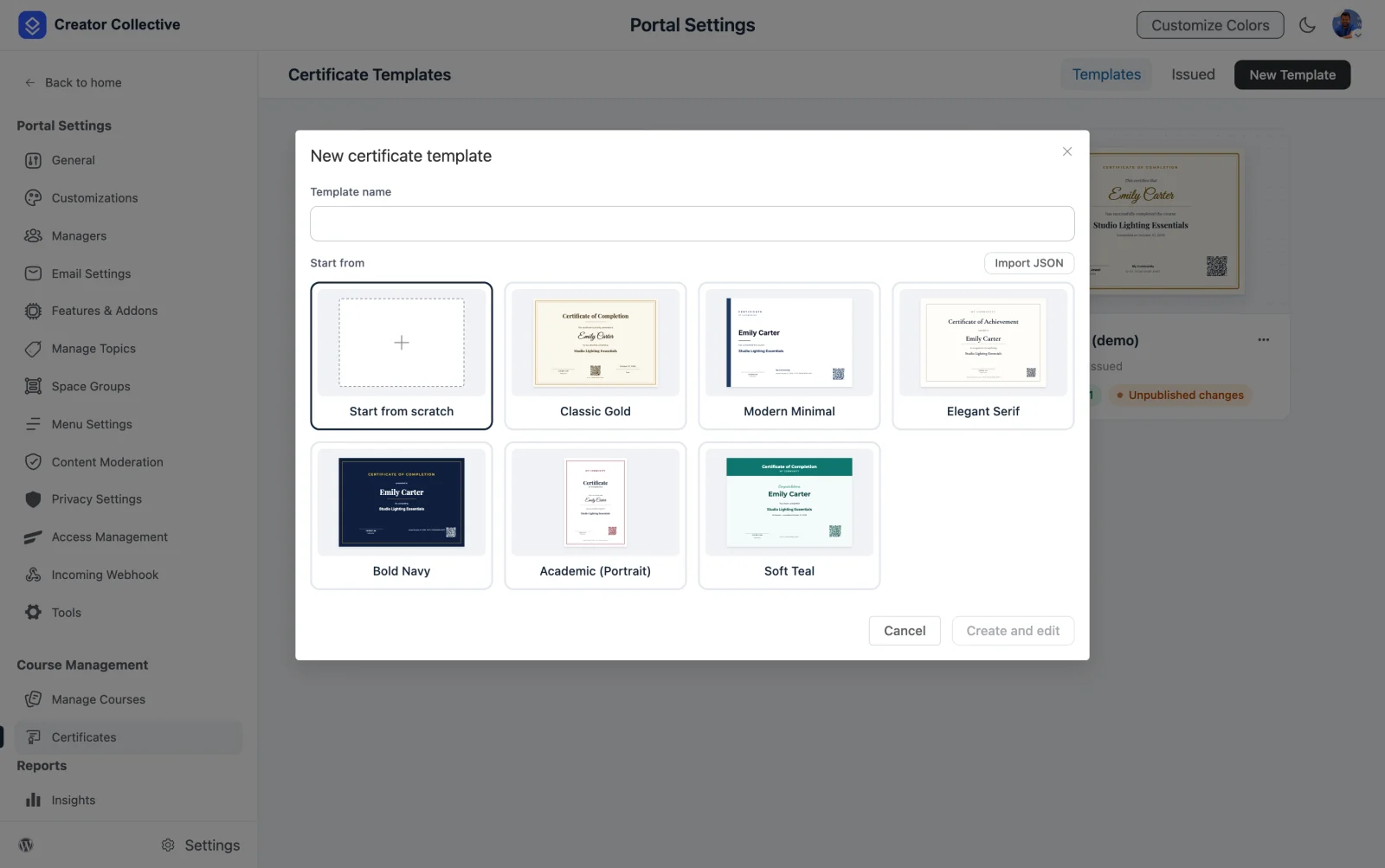 The New certificate template dialog, offering Start from scratch and six ready-made designs