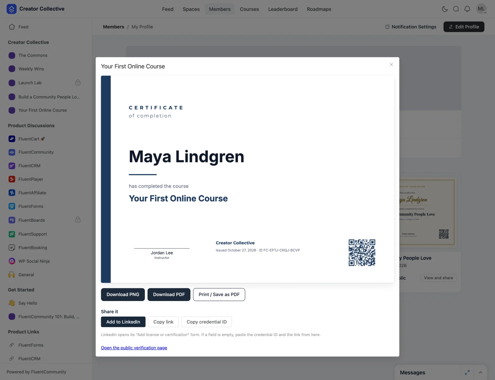 The certificate dialog, with download buttons, LinkedIn and copy buttons, and a link to the public verification page