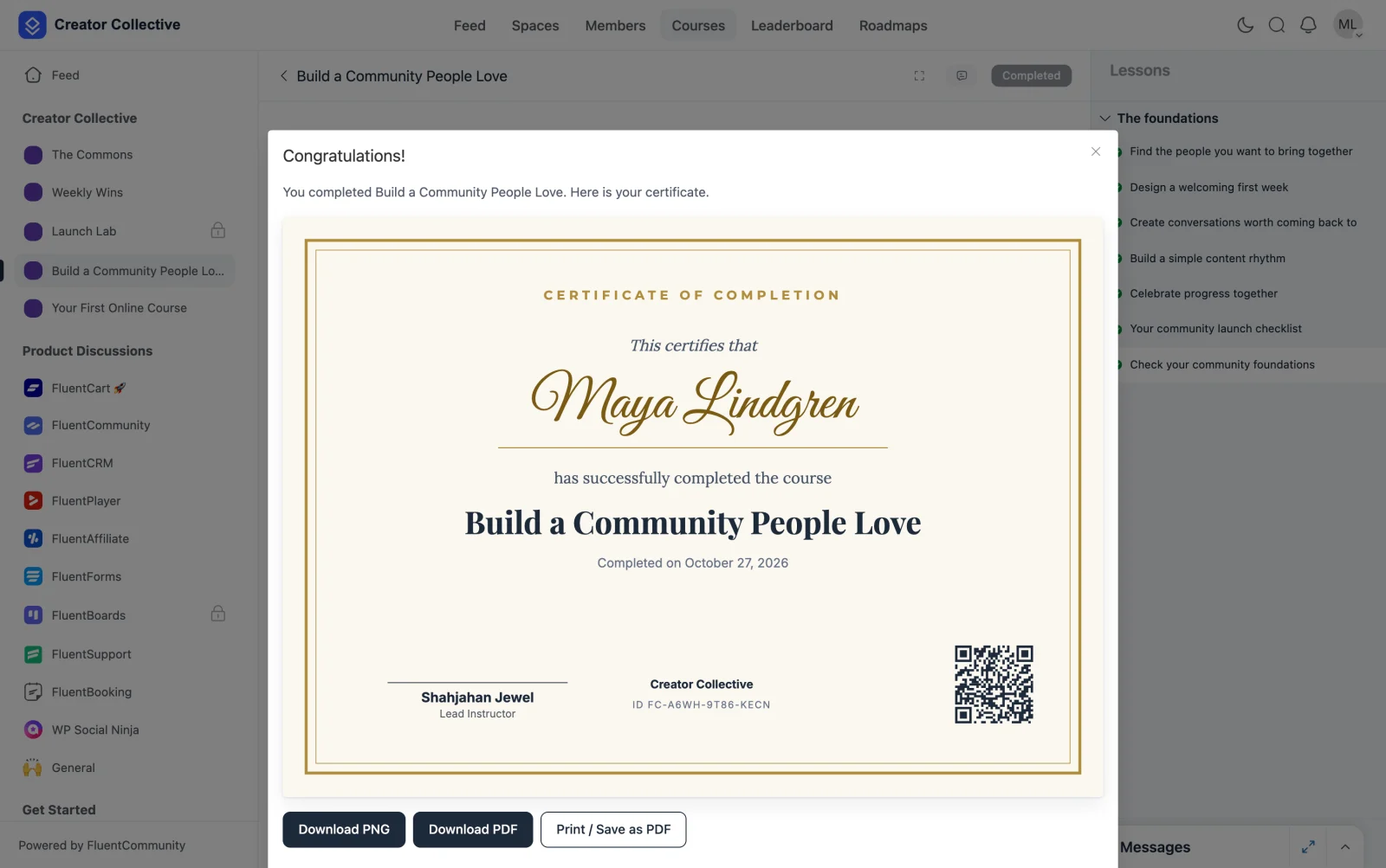 The Congratulations dialog over the lesson page, showing the finished certificate and the download buttons