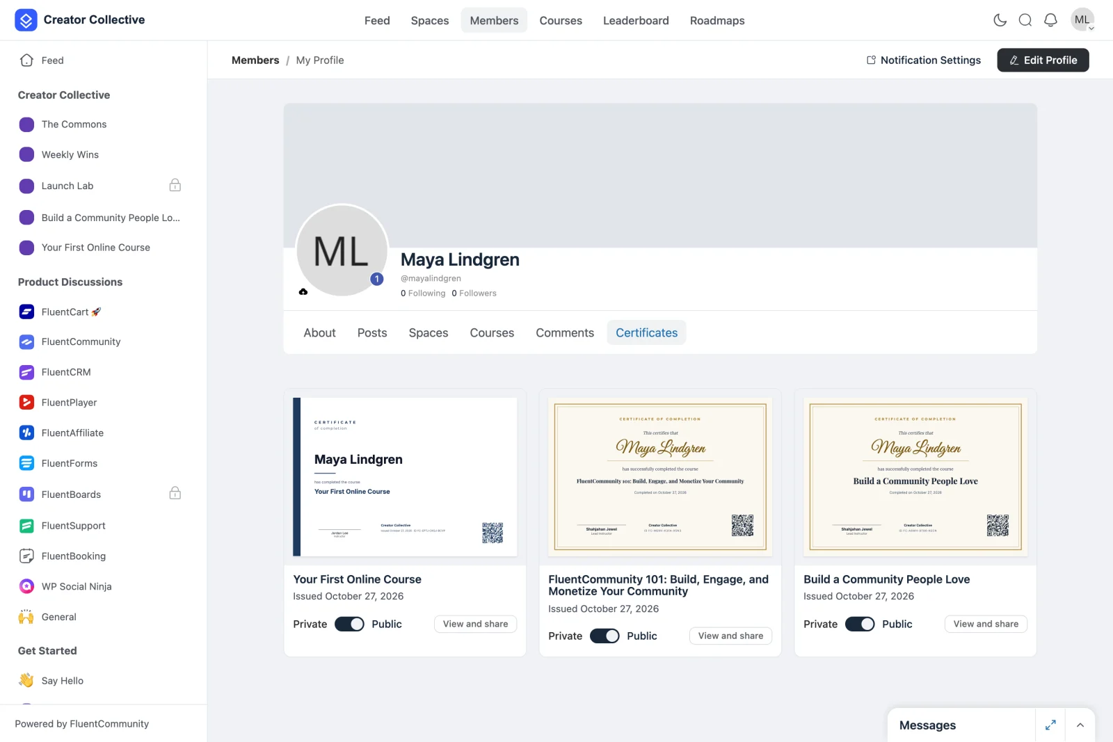The Certificates tab on a member profile, showing a grid of certificate cards with a Private/Public toggle on each
